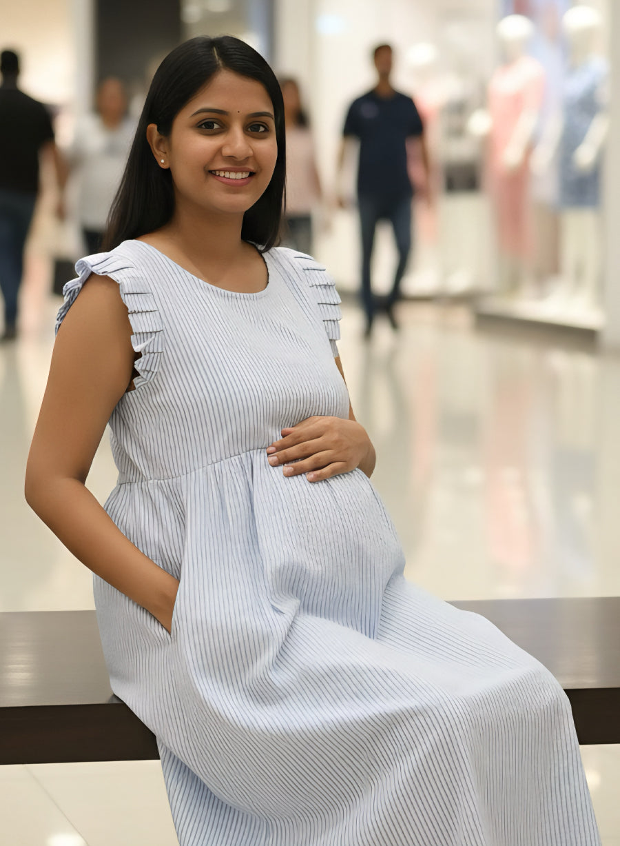 Blue Vertical Striped Cotton Maternity & Nursing Dress