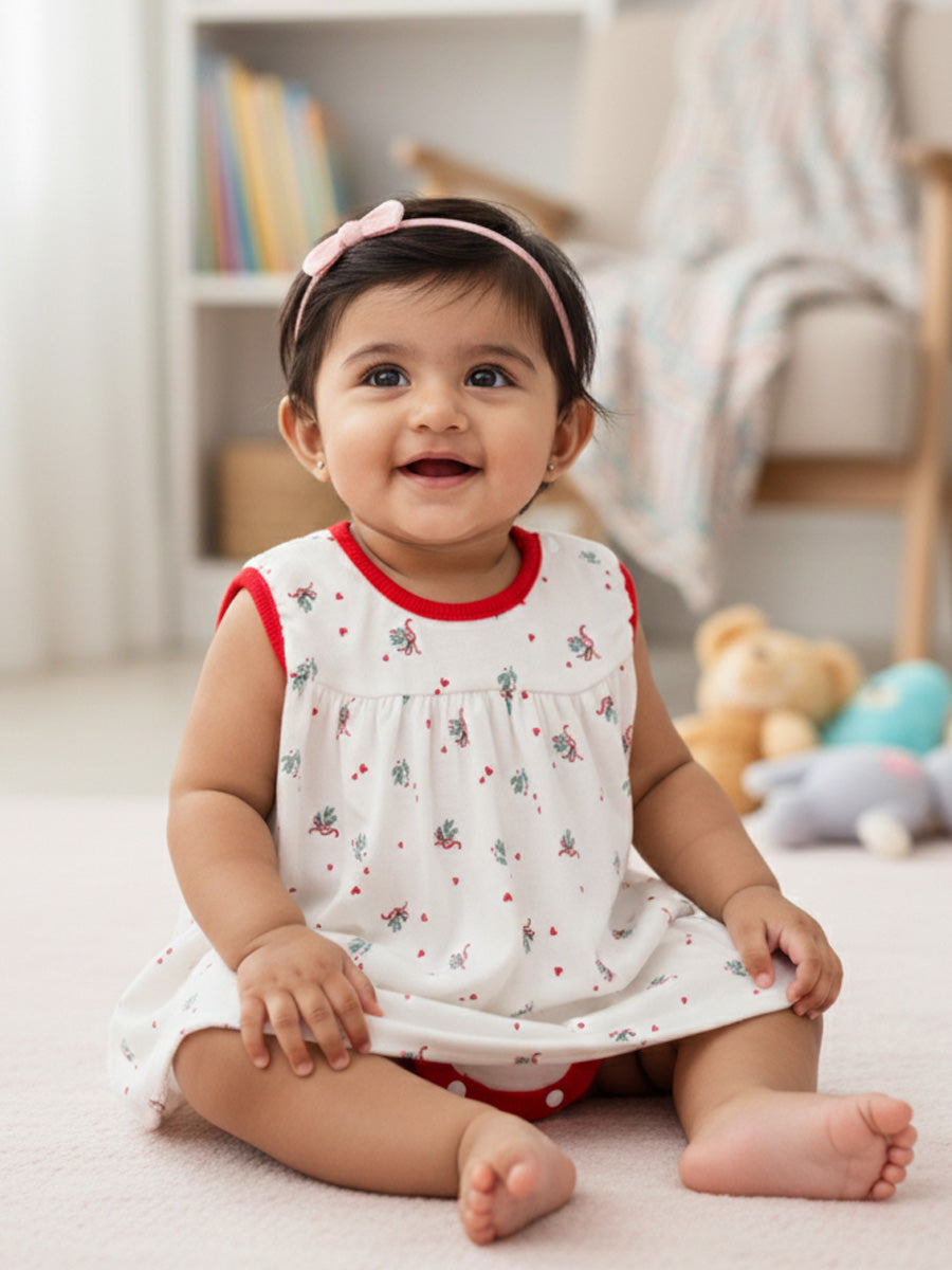 White Christmas Bow Print Baby Girl Sleeveless Dress with Built-In Bloomers