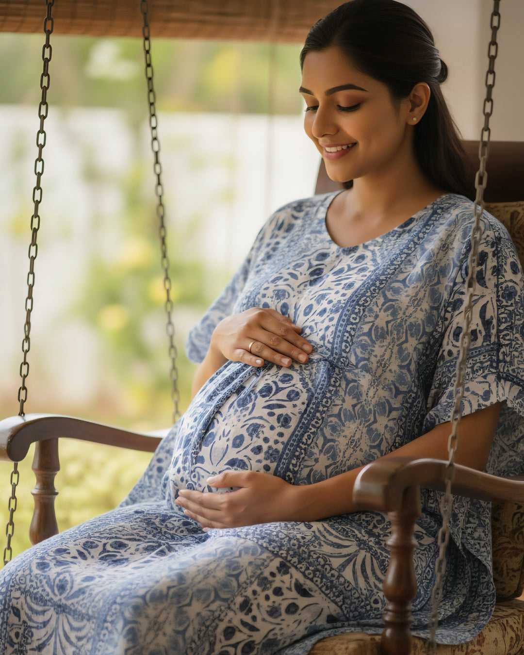 Maternity & Nursing Kaftan – White with Blue Paisley Print, Dual Zip Feeding Access | ziva