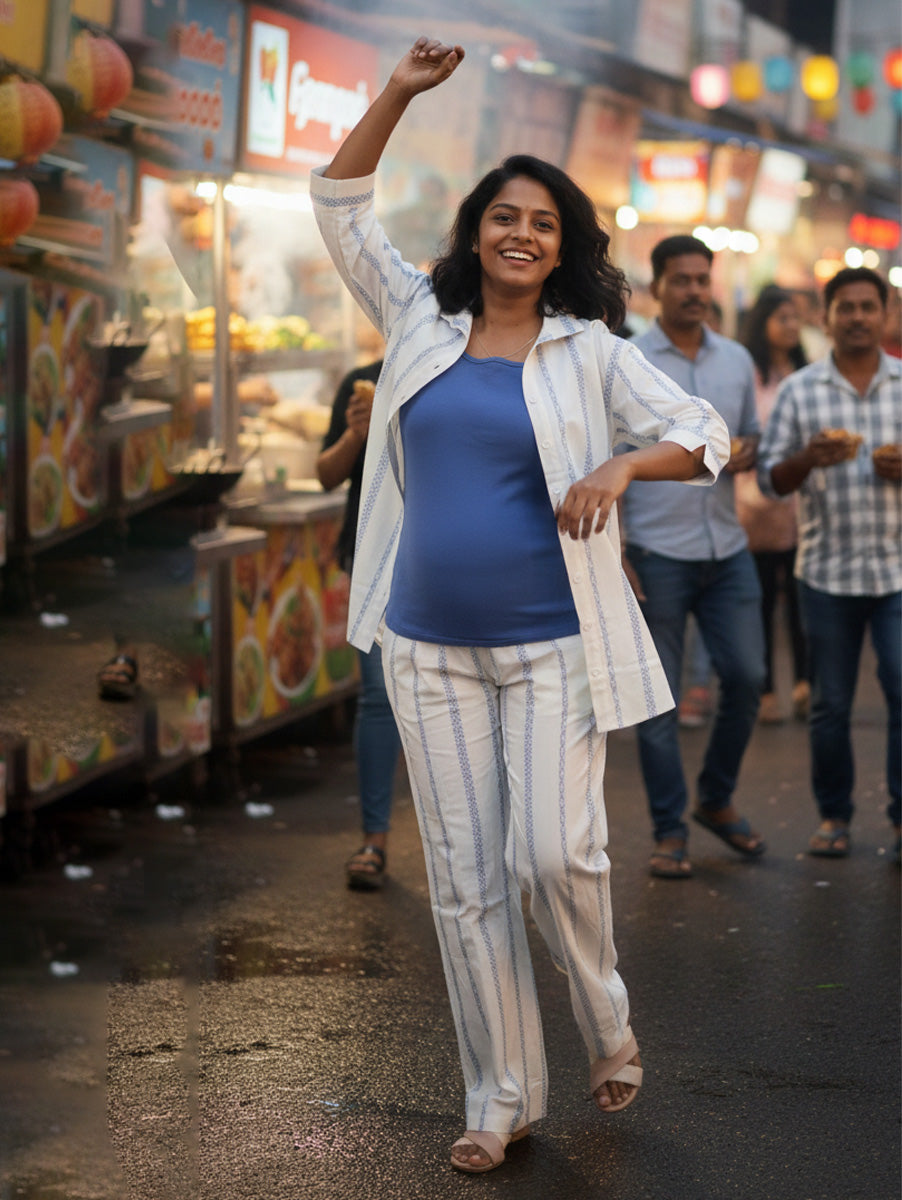 Ziva Light Cream & Blue Cotton Striped Maternity & Feeding Co-ord Set with Inner Baniyan (3-Piece Set)