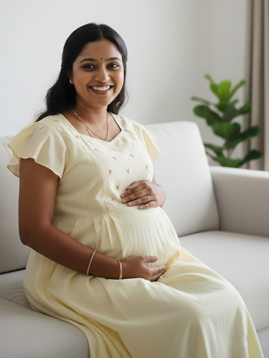 Yellow Plain Cotton Maternity & Nursing Dress with Flutter Sleeves | Ziva