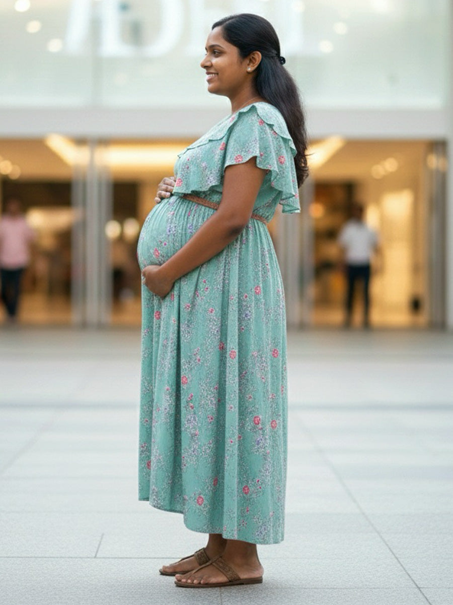 Light Blue Floral Ruffle Overlay Maternity & Feeding Dress