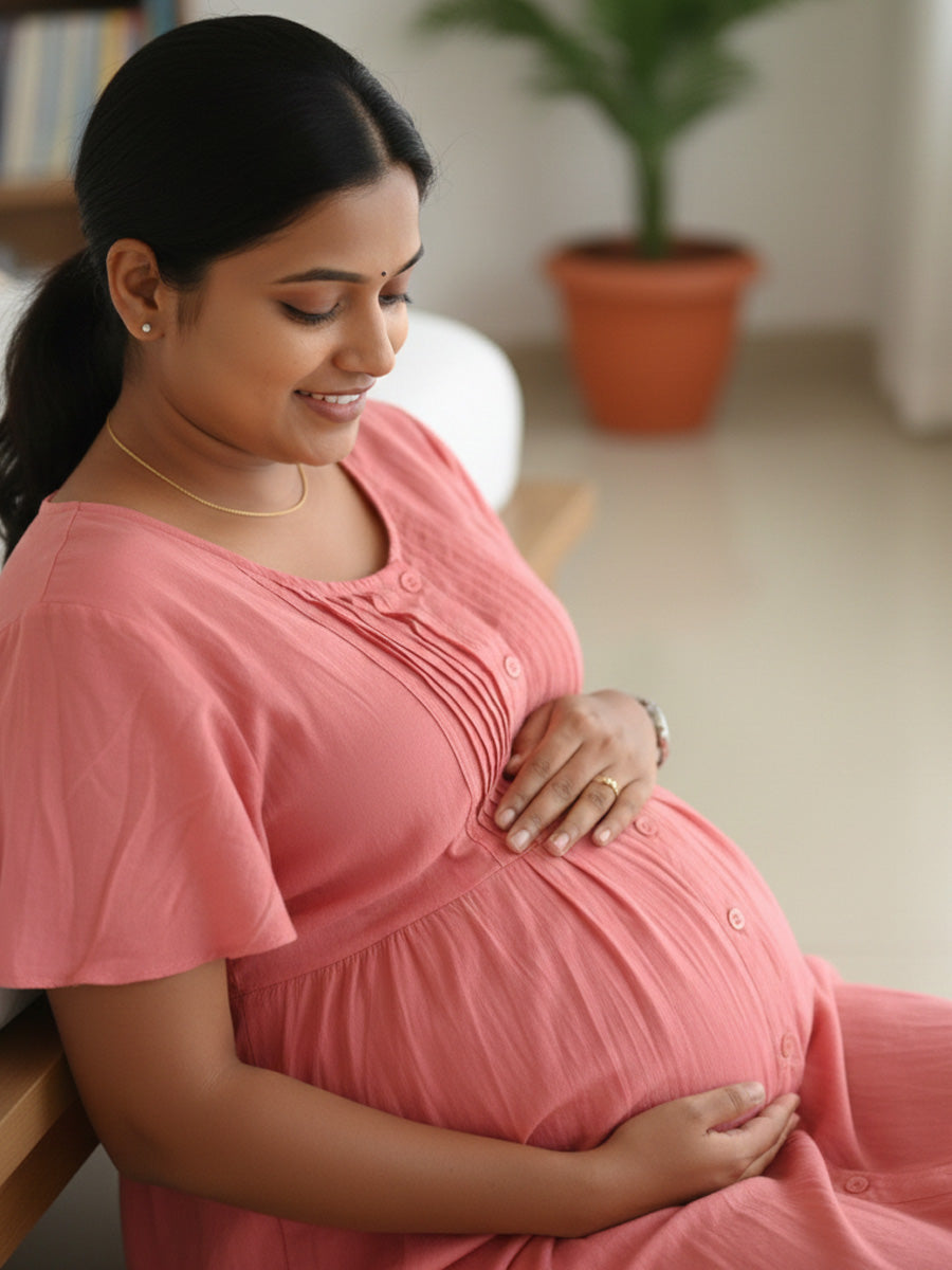 Peach Full-Open Short Maternity & Feeding Nighty with Lace Yoke