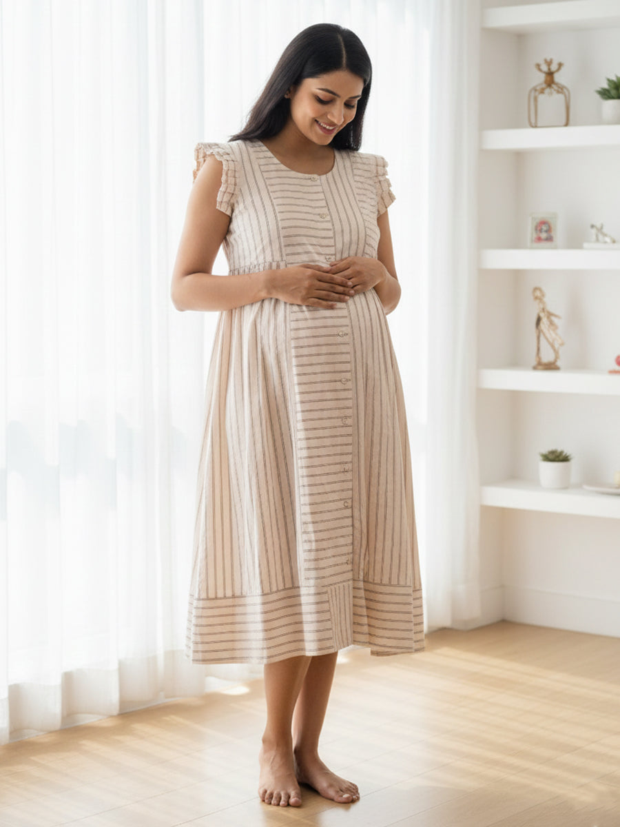 Rose Cream Organic Cotton Maternity & Feeding Dress – Brown Striped Elegance