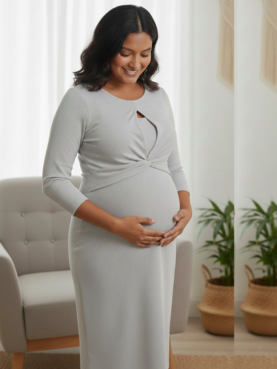 Grey Knitted Textured Twisty Zipless Maternity Dress – Stretch Fit Elegance