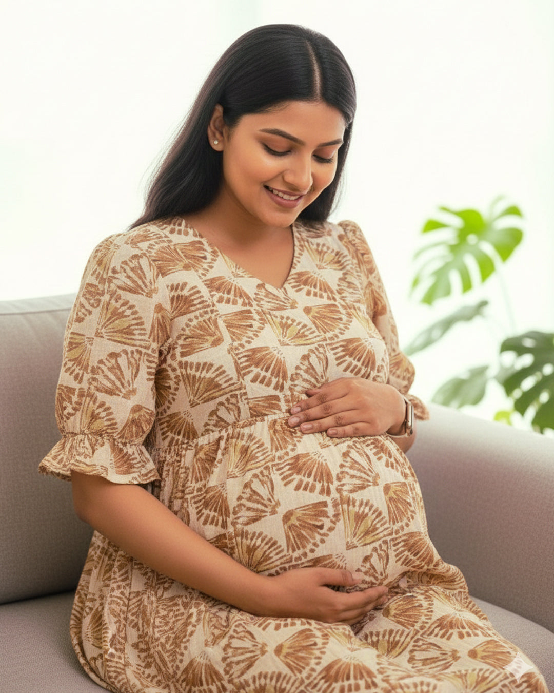 Off-White & Brown Floral Block Print Maternity & Nursing Dress – ziva