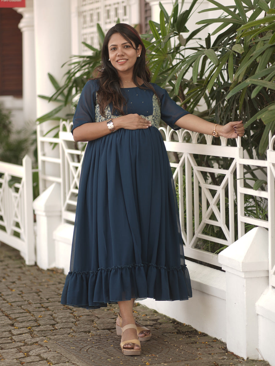Royal Peacock Blue Maternity Party-Wear Dress with D-Net Yoke & Pleated Skirt