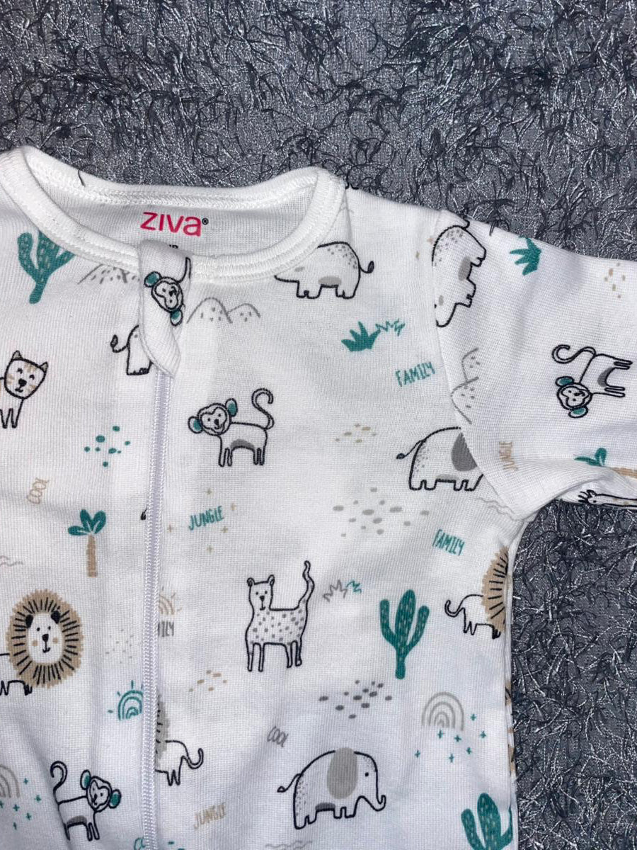 Ziva Knitted Cotton Fully Covered Baby Sleepsuit with Cap – Cute Animal Print & Front Zip