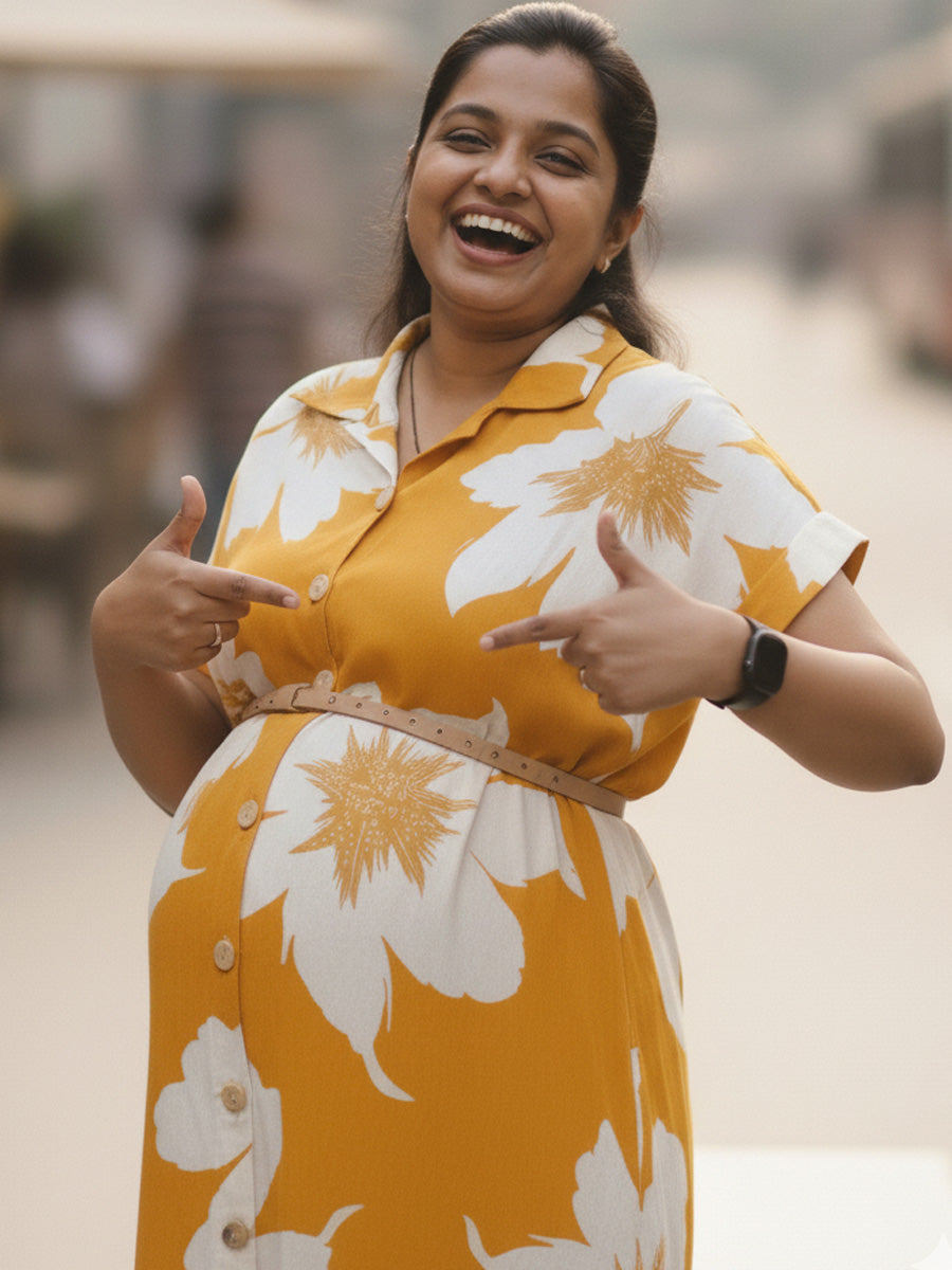 Mustard Floral Shirt Dress – Full Open Nursing | Ziva