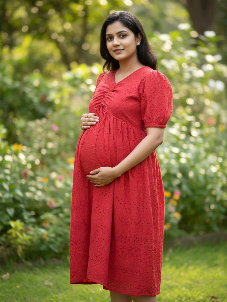 Aqaba Red Puff Sleeve Maternity & Feeding Dress – Festive Edition – ZIVAMOMS Aqaba Red Puff Sleeve Maternity & Feeding Dress – Festive Edition – ZIVAMOMS