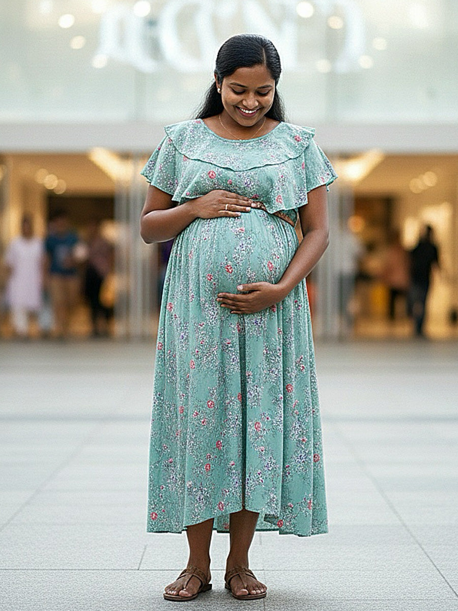 Light Blue Floral Ruffle Overlay Maternity & Feeding Dress