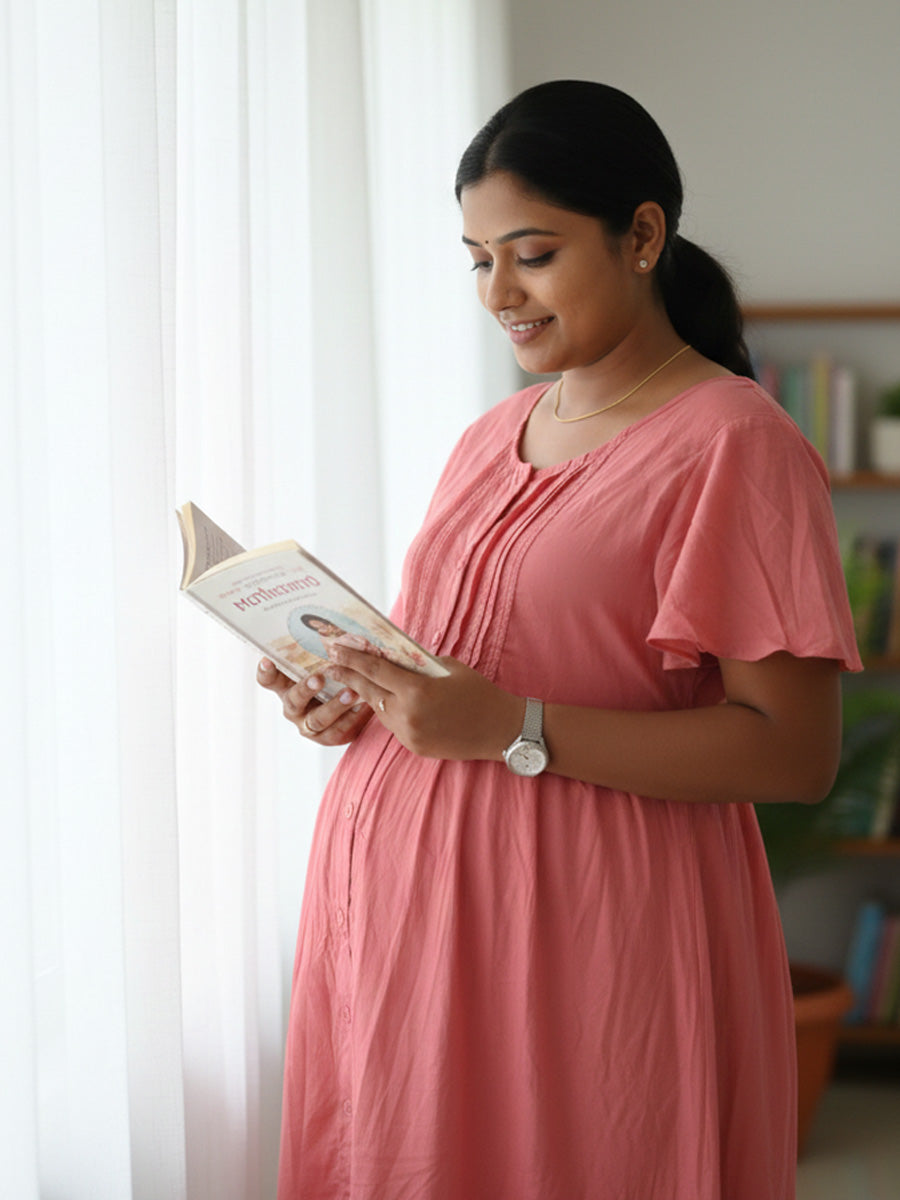 Peach Full-Open Short Maternity & Feeding Nighty with Lace Yoke