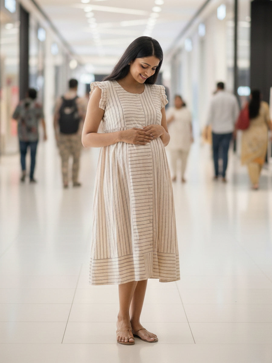Rose Cream Organic Cotton Maternity & Feeding Dress – Brown Striped Elegance