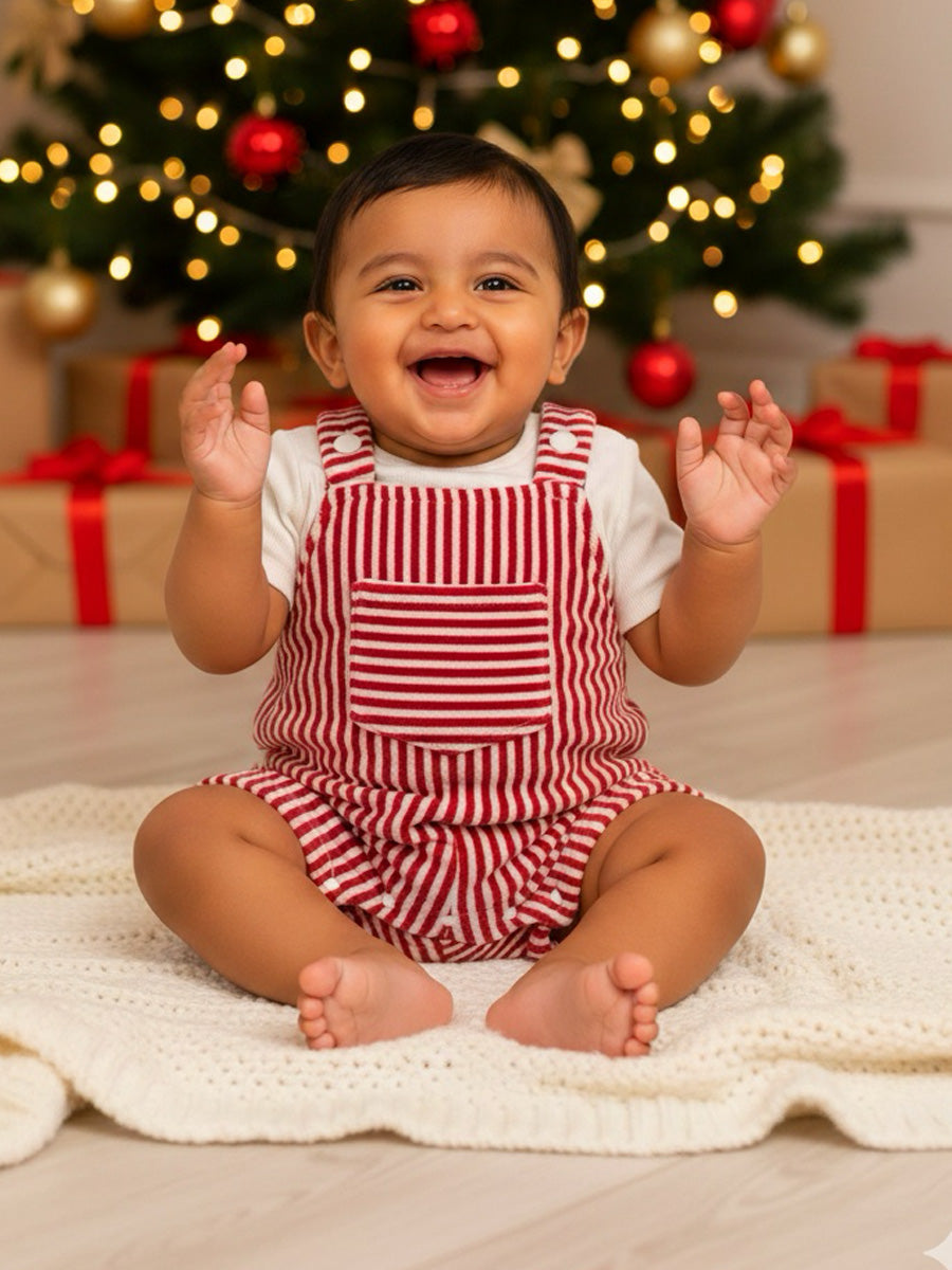 Red & White Striped Romper with White Undershirt – Soft & Comfy Baby Boy Outfit