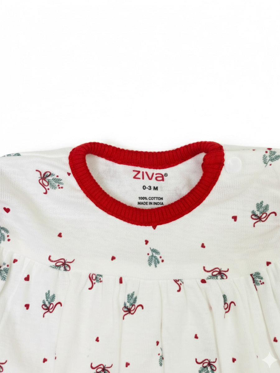 White Christmas Bow Print Baby Girl Sleeveless Dress with Built-In Bloomers