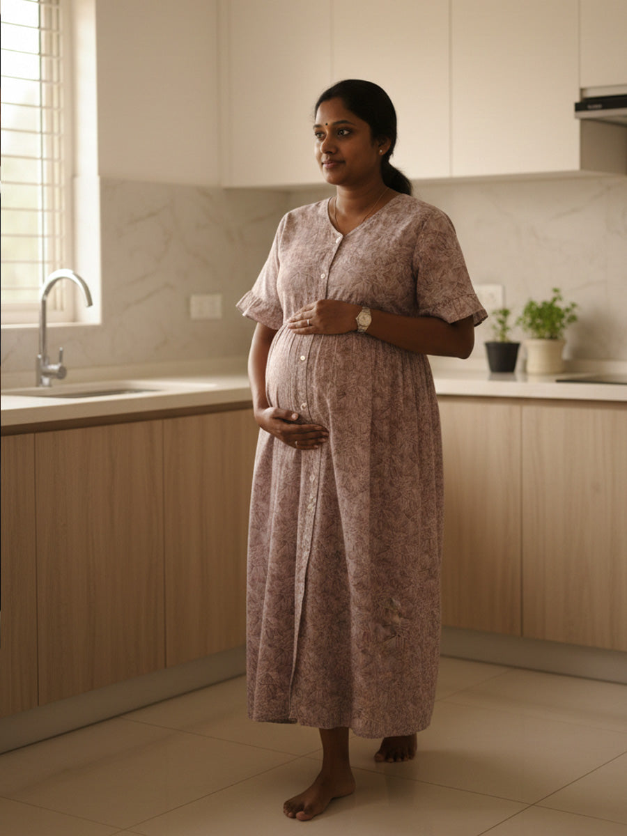 Full-Open Cotton Nursing Nighty – Full Length Mauve Leaf Print | Ziva