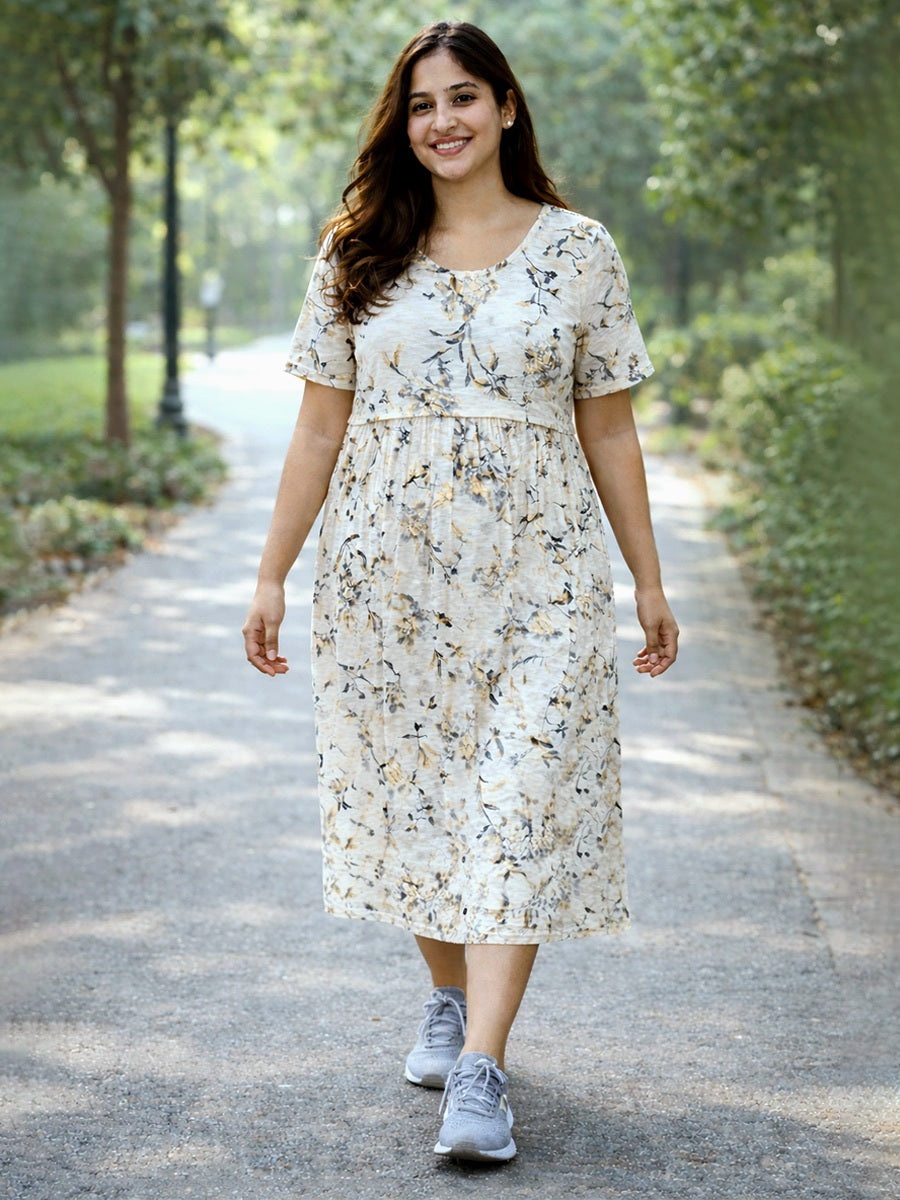 ZIVA Off White Botanical Zipless Maternity & Feeding Dress with Adjustable Tie and Side Pocket