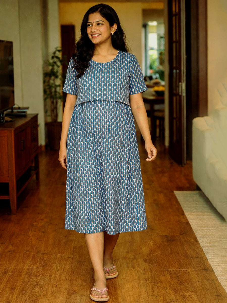 ZIVA Peacock Blue Floral Block Print Zipless Maternity & Feeding Dress with Adjustable Tie and Side Pocket