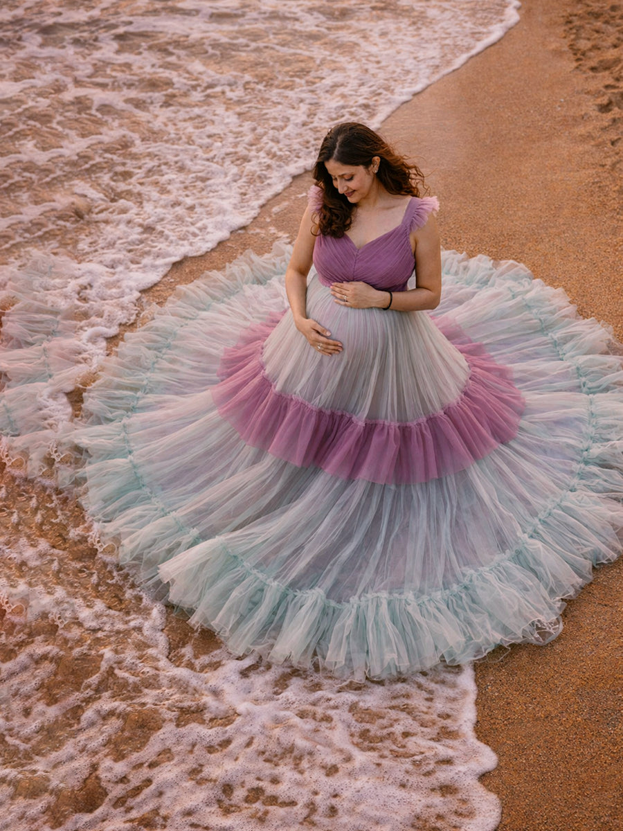 Ziva Maternity Photoshoot & Baby Shower Stylish Gown with Front Zip – Aqua Blue & Purple