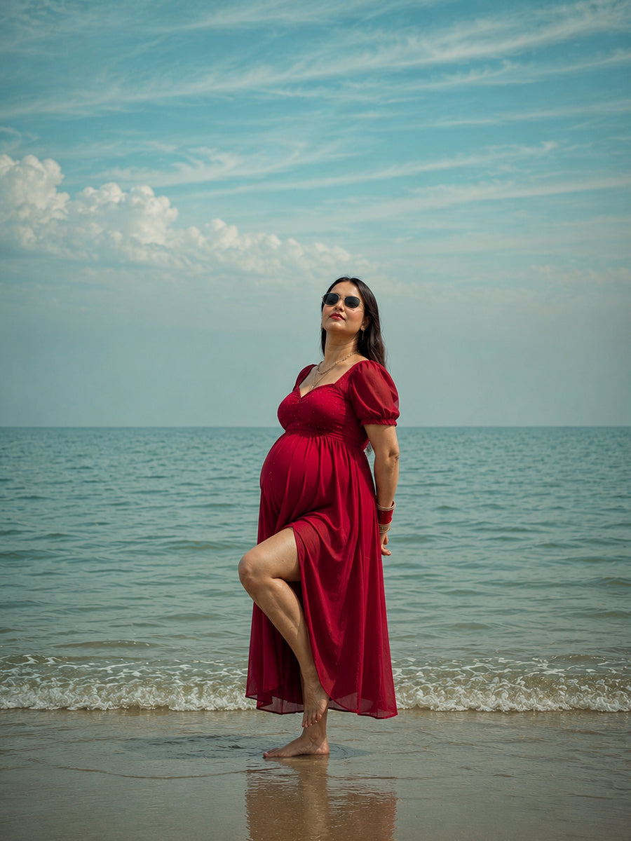 Ziva Cherry Red Multipurpose Maternity Photoshoot & Baby Shower Gown | Full-Length Gown