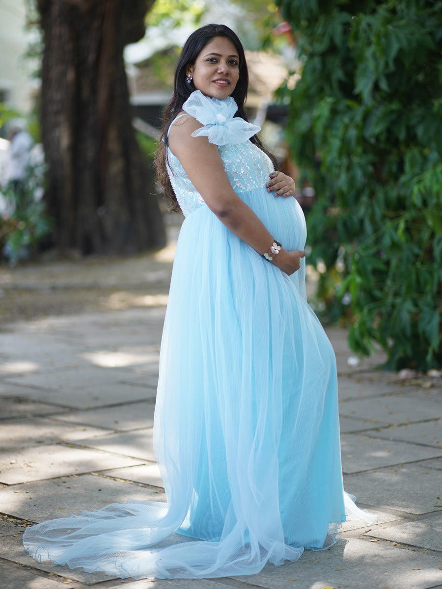 Sky Blossom Baby Shower & Photoshoot Maternity Gown – Sky Blue – ZIVAMOMS