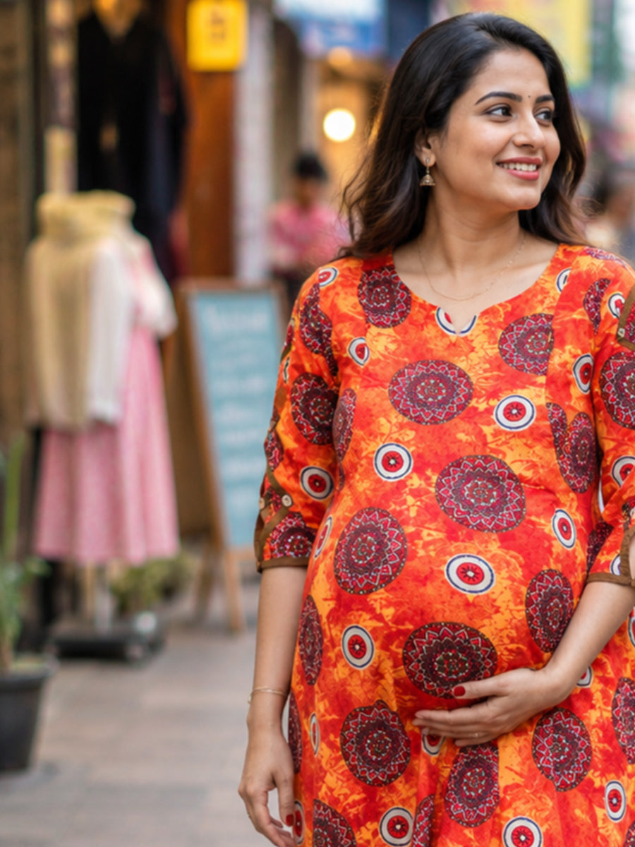 Ziva Maternity & Feeding Cotton Kurta with Double Side Feeding Zip – Burnt Orange Red Ethnic Mandala Print