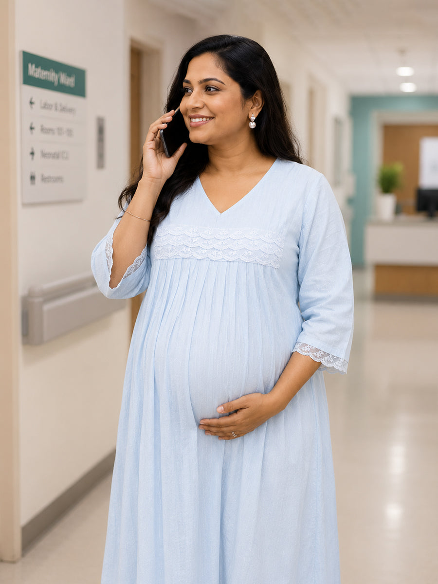 Ziva Maternity & Feeding Slub Grain Textured Dress with Invisible Feeding Zips, Crochet Lace Detailing & Pocket – Powder Blue