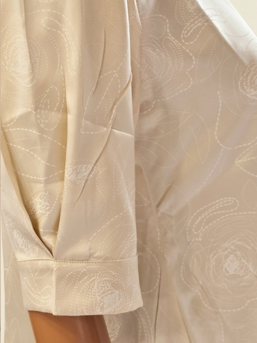 Ziva Maternity & Feeding Satin Shirt Dress with Full Open Front, Collar Neck & Pocket – Beige Printed