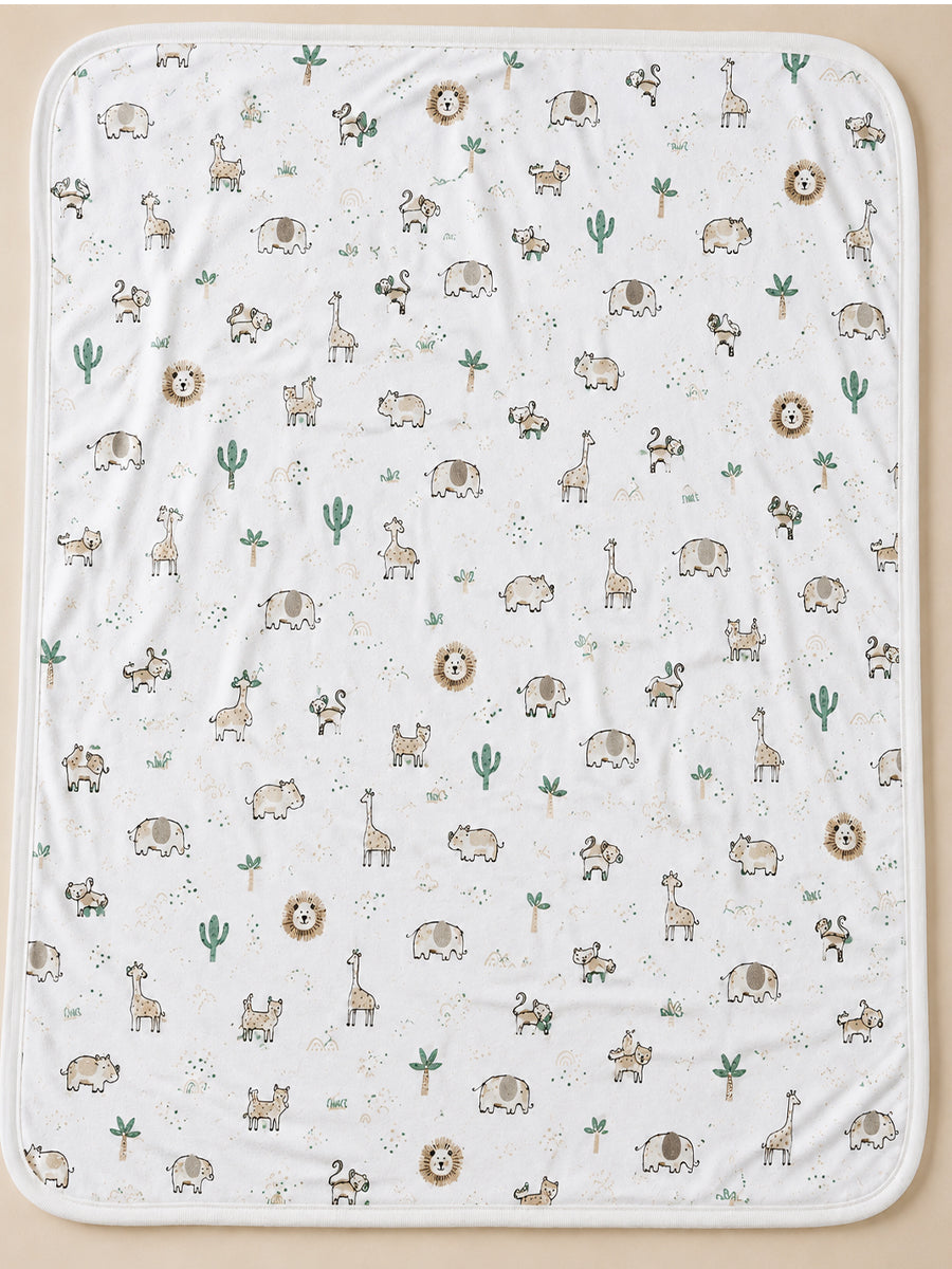 Ziva Baby Hooded Towel – Soft White | Jungle Safari Adventure Print | Soft Knitted Cotton