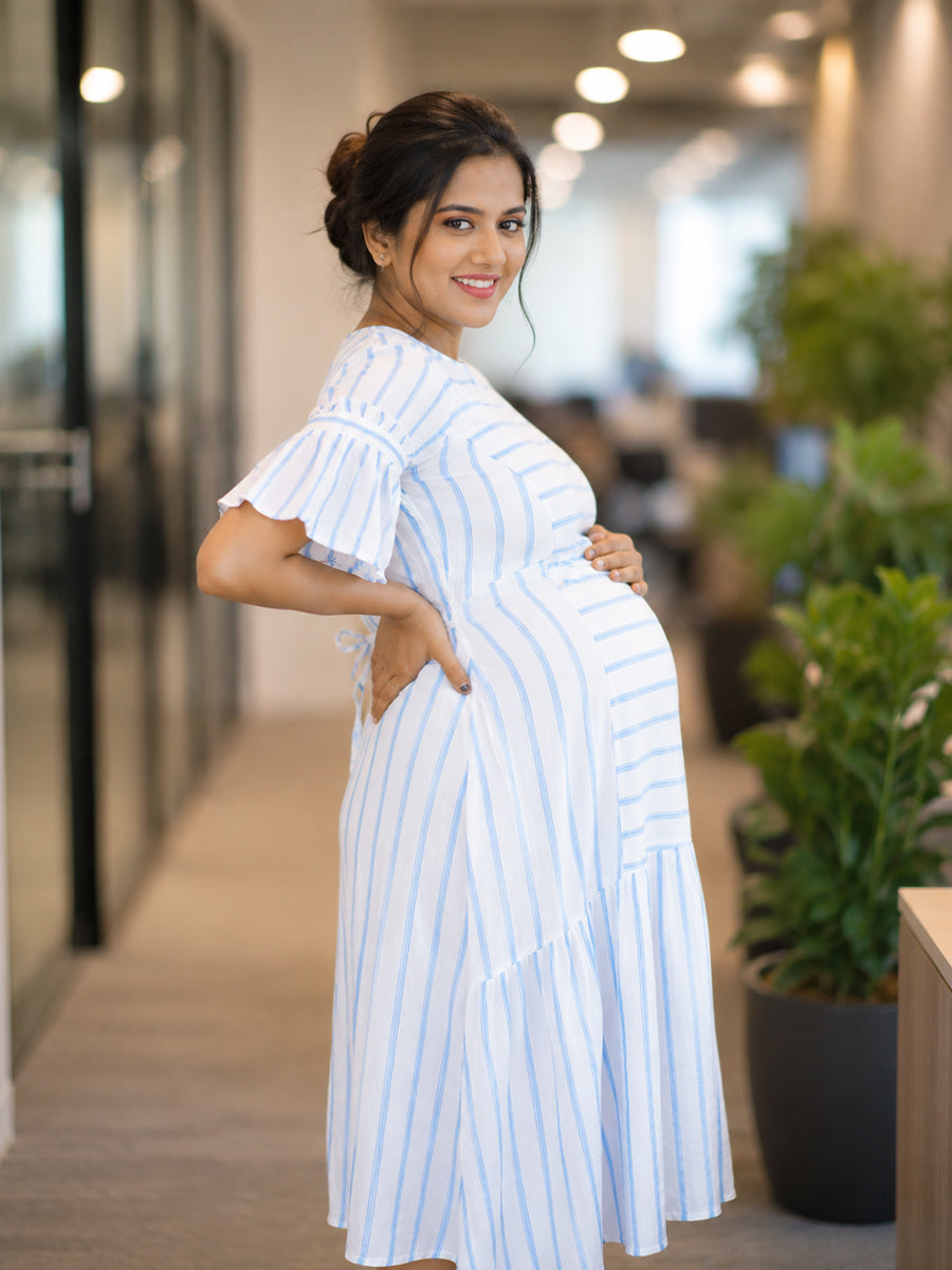 Ziva Maternity & Feeding Premium Rayon Dress with Decorative Neckline, Adjustable Side Ties & Pocket – White with Blue Stripes