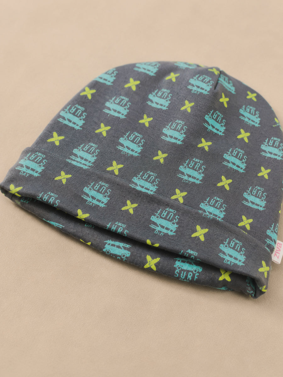 Ziva Knitted Cotton Baby Sleepsuit with Cap – Surf Day Print | Charcoal Grey