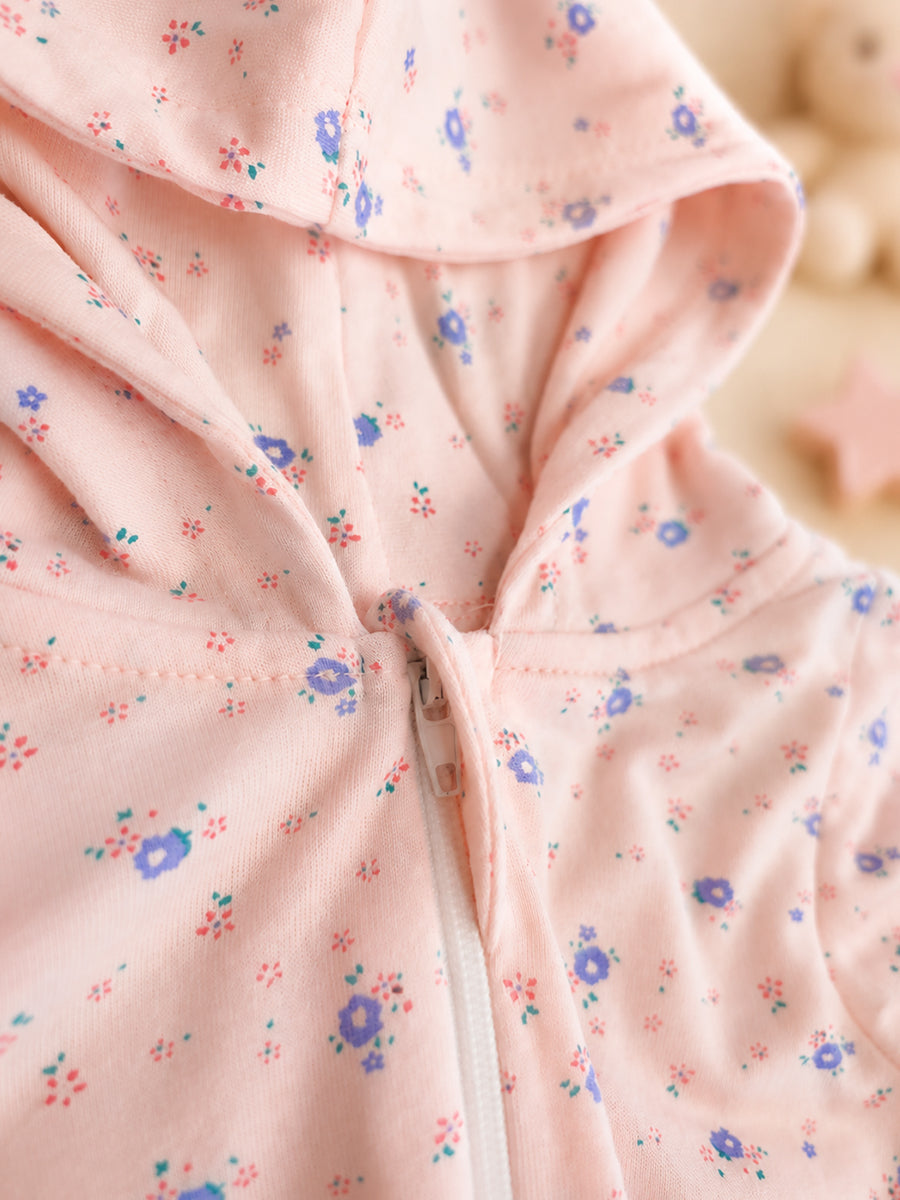 Ziva Hooded Knitted Cotton Baby Sleepsuit  – Tiny Lavender Floral Print | Soft Blush Pink