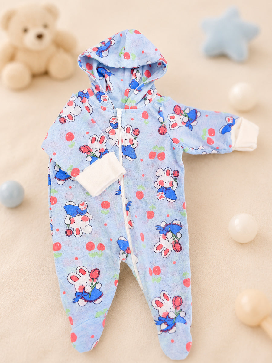 Ziva Hooded Knitted Cotton Baby Sleepsuit  – Bunny & Cherry Friends Print | Baby Blue