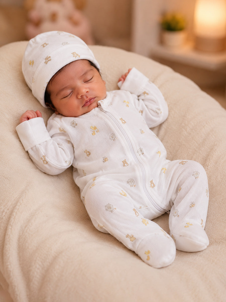 Ziva Knitted Cotton Baby Sleepsuit with Cap – Puppy Bear & Little Duck Play Print | Off White