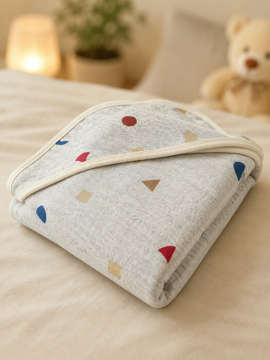 Ziva Baby Hood Towel – Melange Grey | Geometric Confetti Print | Knitted Cotton