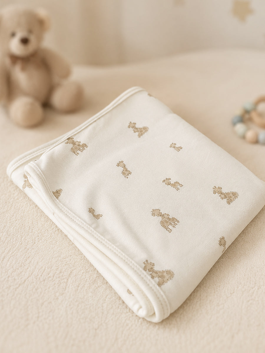 Ziva Baby Blanket – Off White | Tiny Teddy Parade Print | Knitted Cotton