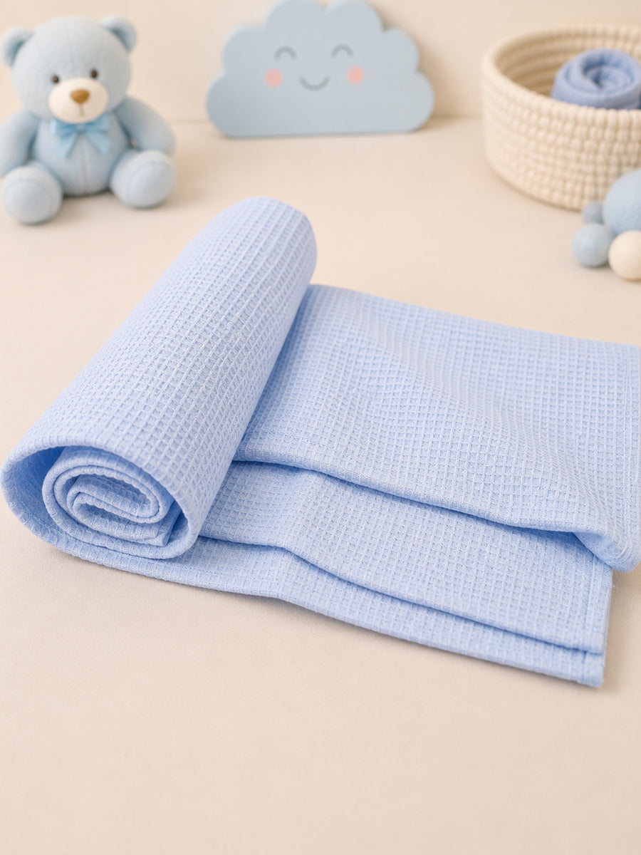 Ziva Baby Bath Towel – Baby Blue | Cotton | Square Grid Cotton Weave
