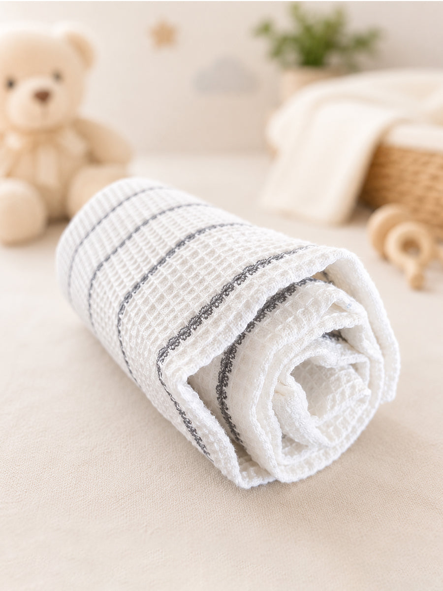 Ziva Baby Bath Towel – White | Light Black Stripe Print | Cotton | Square Grid Cotton Weave