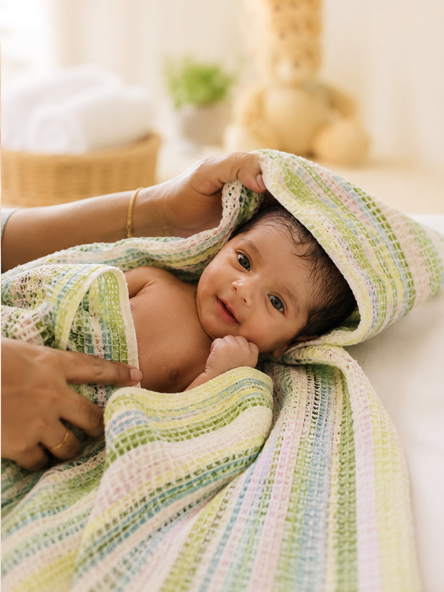 Ziva Baby Bath Towel – White | Sage Green & Dusty Blue Stripe Print | Cotton | Square Grid Cotton Weave