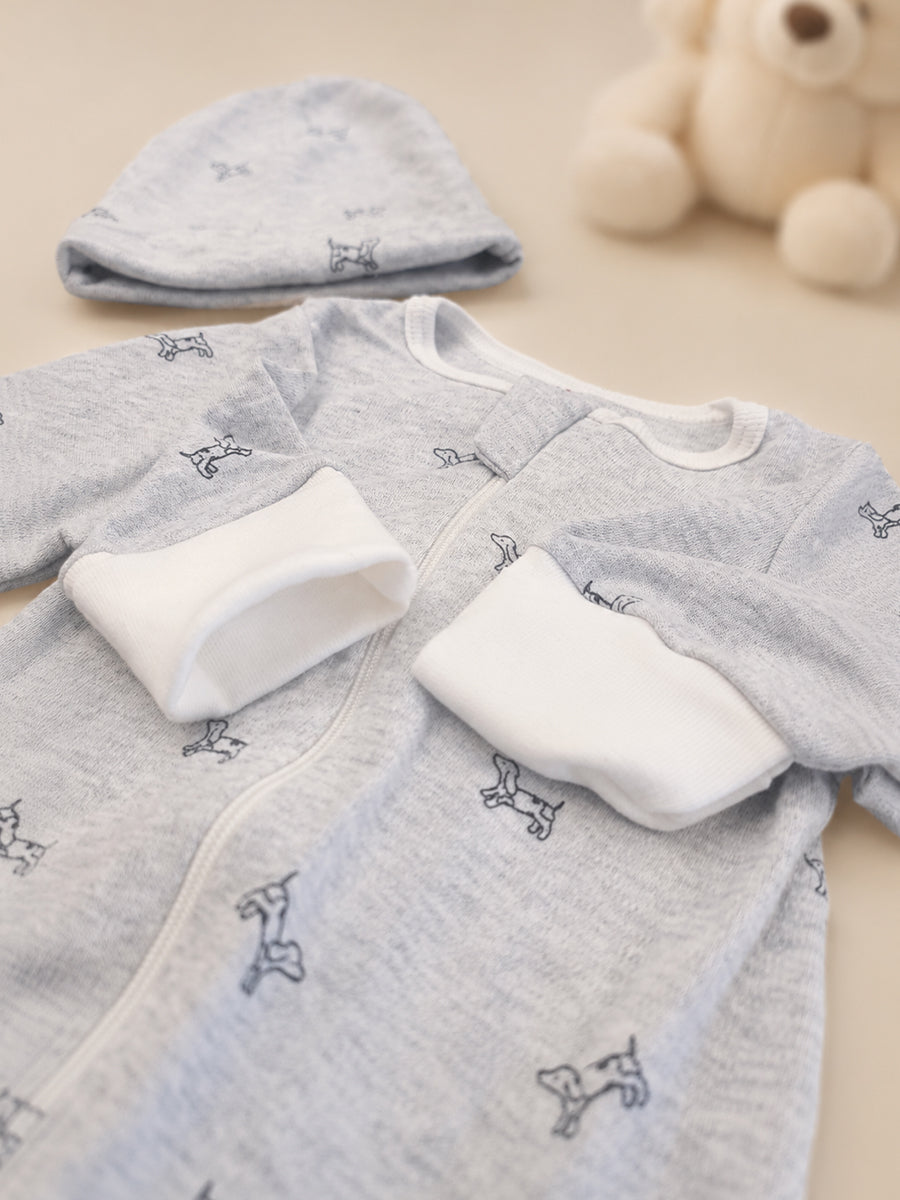 Ziva Knitted Cotton Baby Sleepsuit with Cap – Puppy Outline Print | Cloud Grey