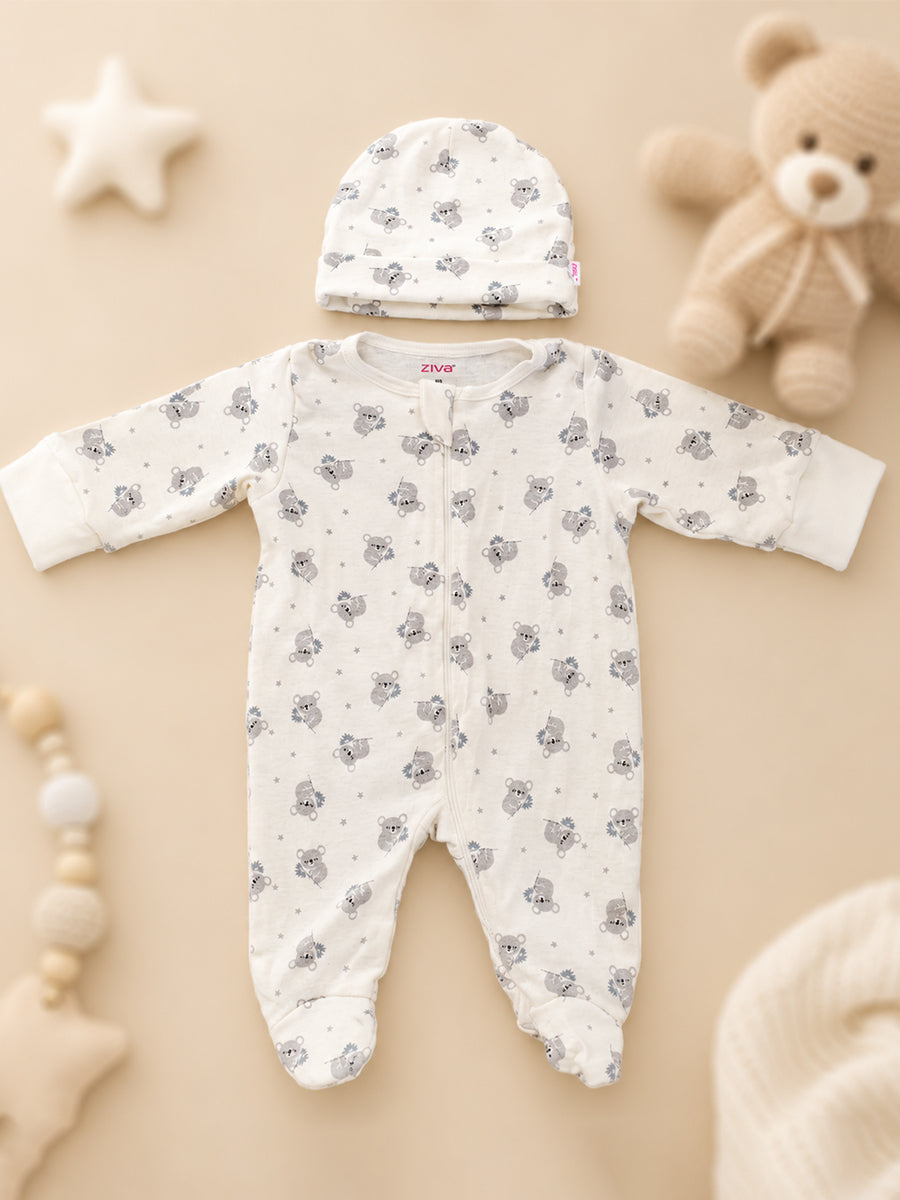 Ziva Knitted Cotton Baby Sleepsuit with Cap – Sleepy Koala Print | Ivory White