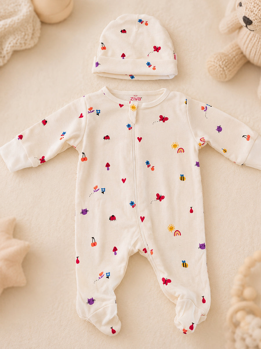 Ziva Knitted Cotton Baby Sleepsuit with Cap – Garden Bugs & Nature Print | Cream