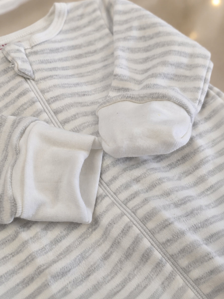 Ziva Knitted Cotton Baby Sleepsuit with Cap – White & Heather Grey Stripe Print | Fold-Over Mittens