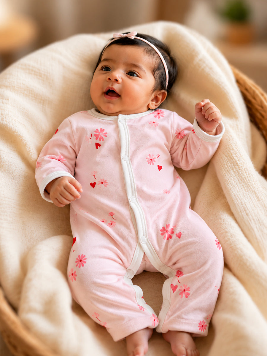 Ziva Baby Jumpsuit – Soft Baby Pink | Daisy Blossom & Heart Print | Knitted Cotton | Front Open Snap Button