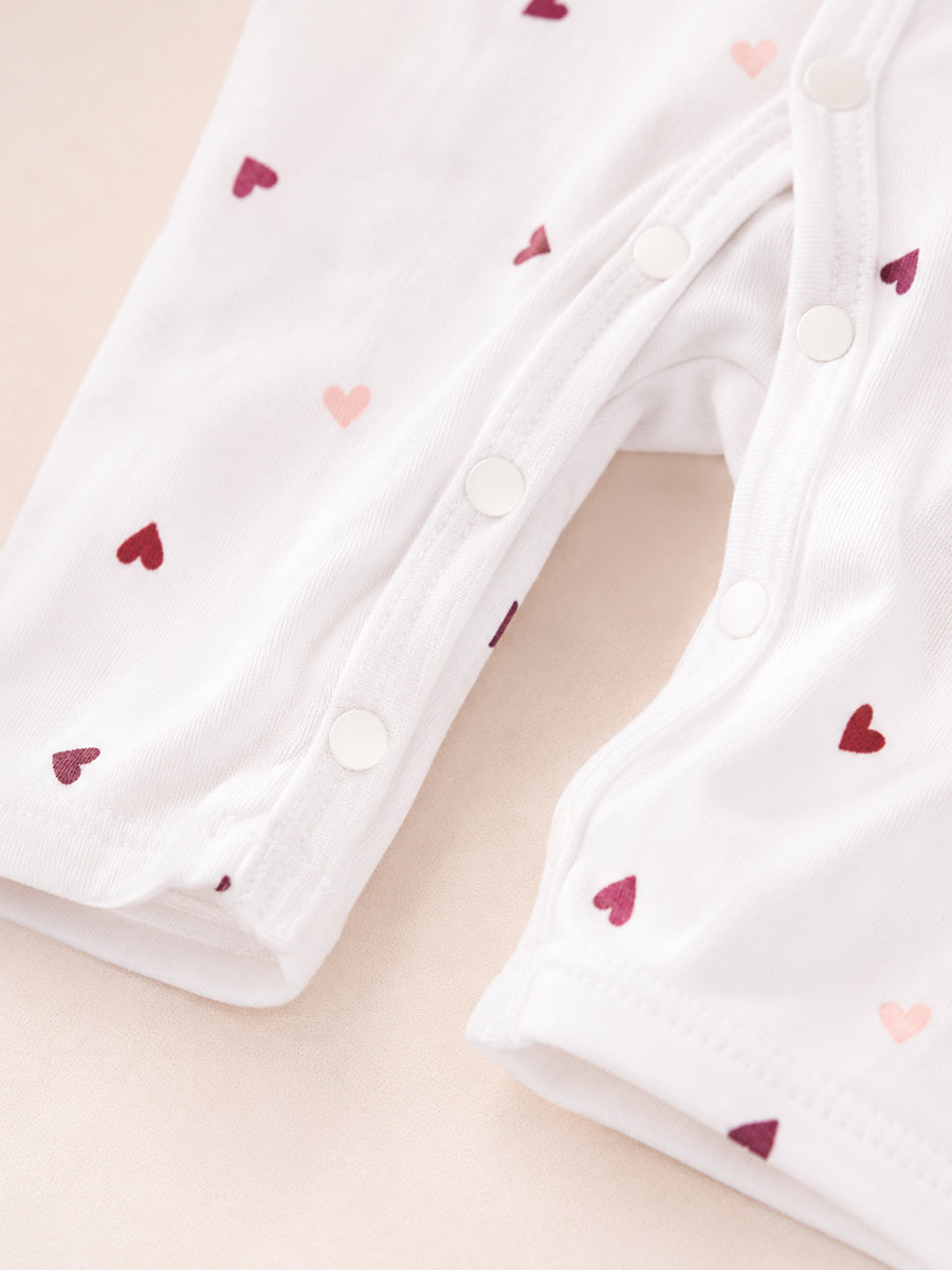 Ziva Baby Jumpsuit – White | Tiny Sweet Hearts Print | Knitted Cotton | Front Open Snap Button