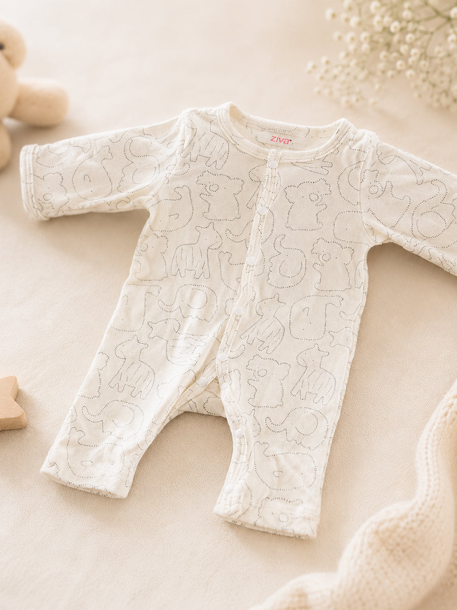 Ziva Baby Jumpsuit – Light Cream | Safari Animal Outline Print | Knitted Cotton | Front Open Snap Button