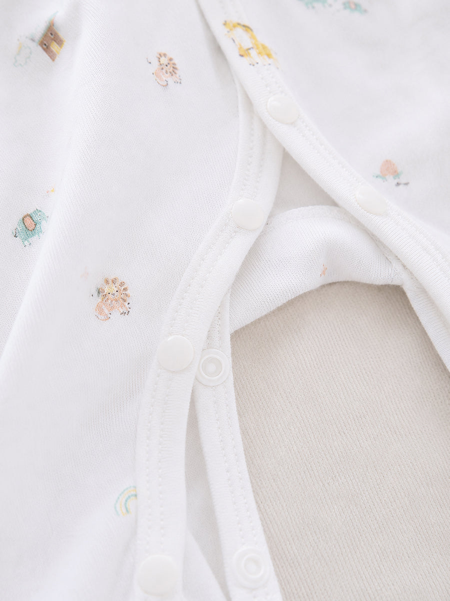 Ziva Baby Jumpsuit – White | Safari Mini Adventure Print | Knitted Cotton | Front Open Snap Button