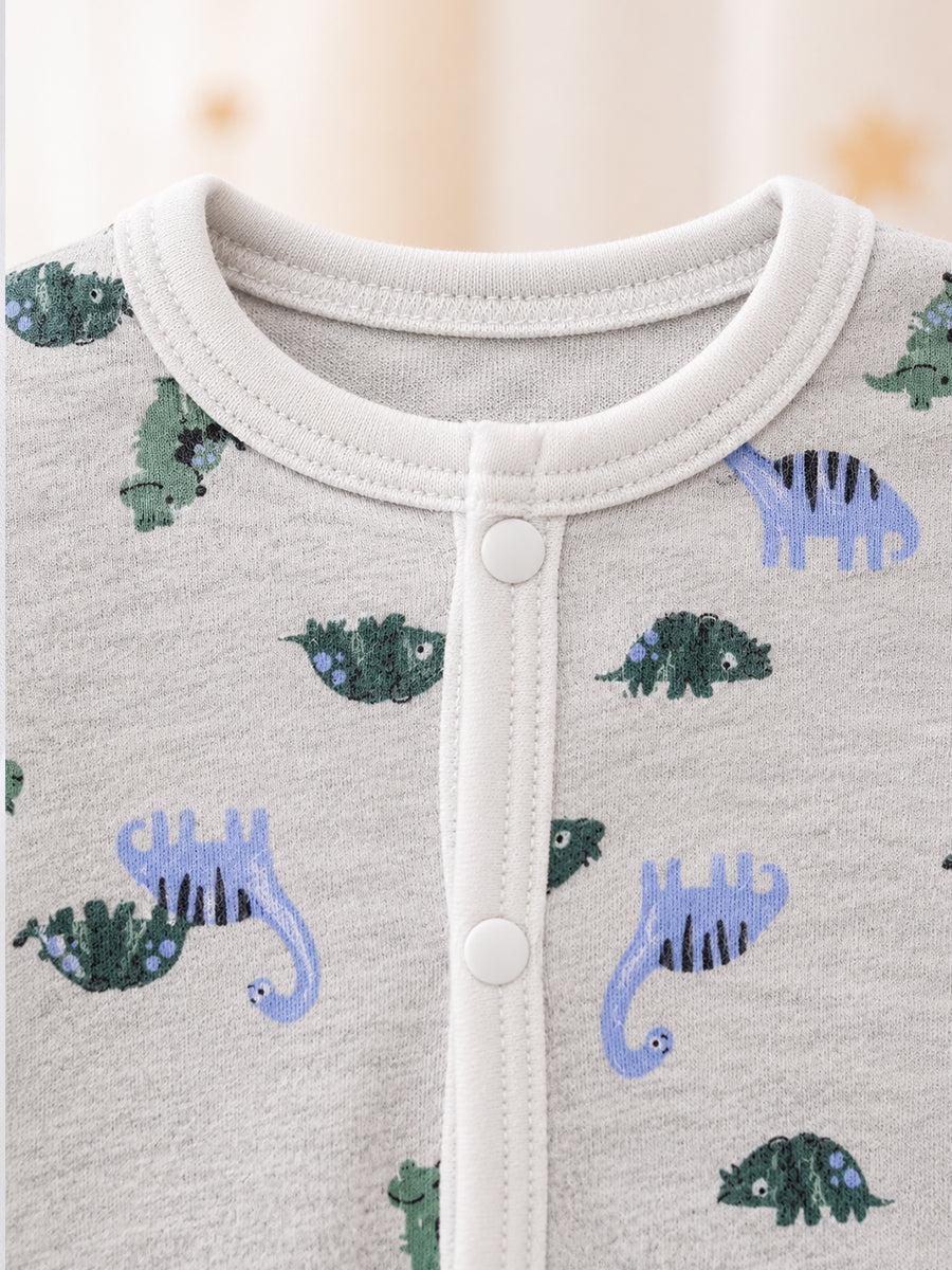 Ziva Baby Jumpsuit – Light Ash | Safari Dinosaur Print | Knitted Cotton | Front Open Snap Button