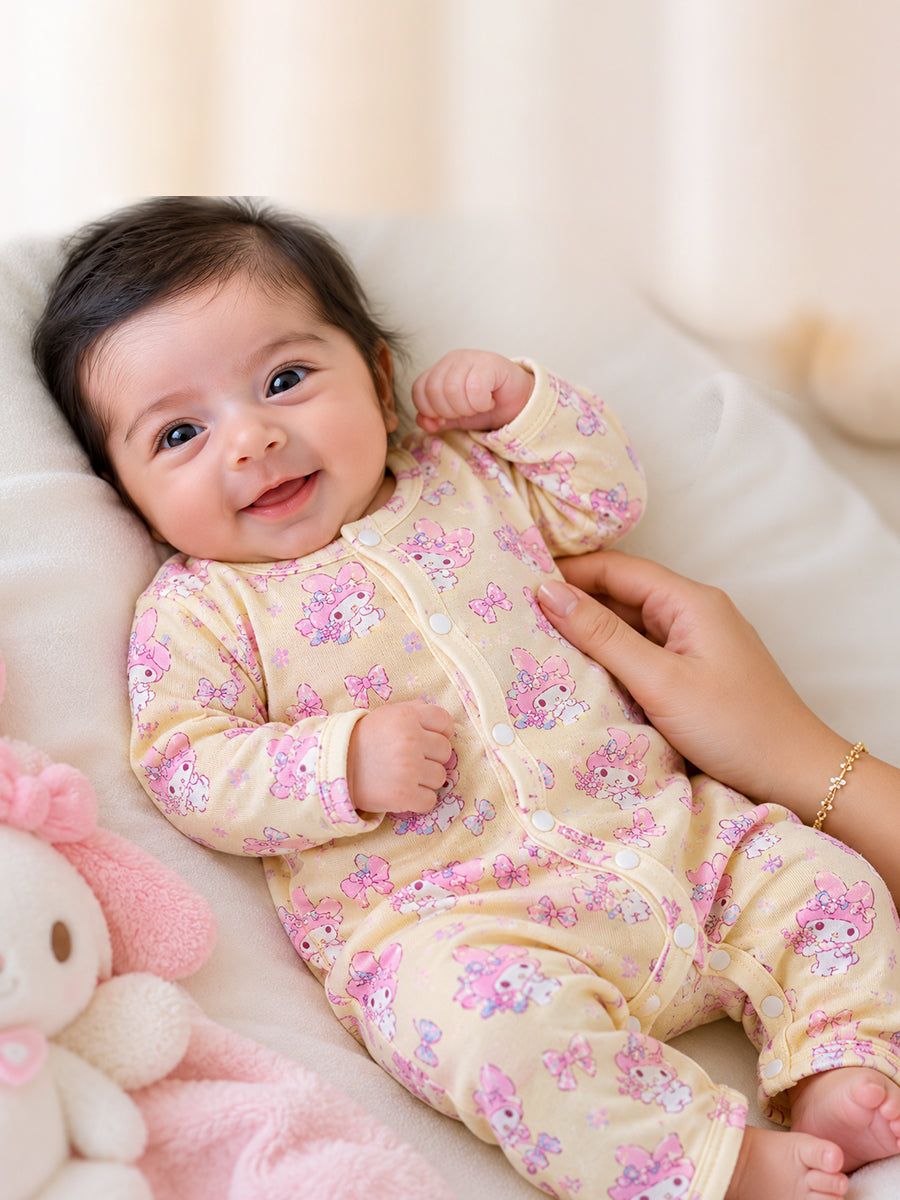 Ziva Baby Jumpsuit – Soft Butter Yellow | Pink My Melody Garden Print | Knitted Cotton | Front Open Snap Button