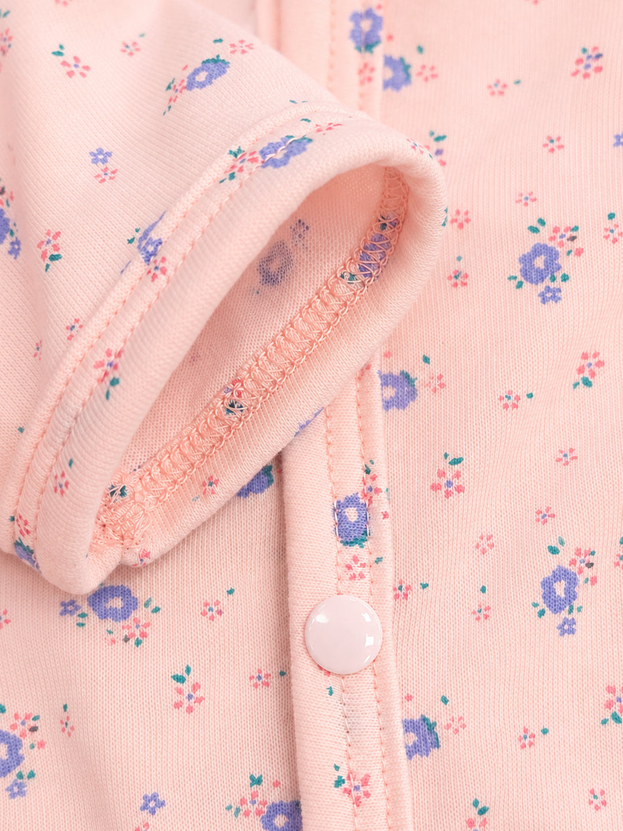 Ziva Baby Jumpsuit – Baby Rose Pink | Tiny Floral Blossom Print | Knitted Cotton | Front Open Snap Button
